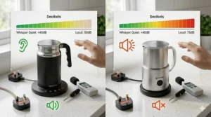 A visual representation of the quiet operation of a Nespresso frother compared to the louder motor of a cheaper alternative.