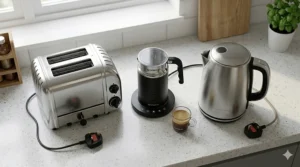 Overhead view showing the compact footprint of the Aeroccino 3 compared to a bulkier, cheaper alternative on a small counter.