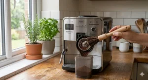 Blue milk system cleaning fluid being poured into a stainless steel milk jug to sanitise a steam wand.