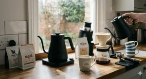 A stylish, low-cost gooseneck kettle sitting alongside a coffee grinder in a modern UK home coffee station.