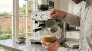 A modern filter coffee machine with a glass carafe filled with hot black coffee, perfect for brewing multiple cups.
