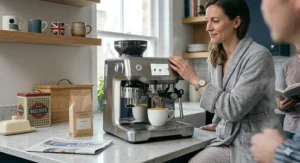 A woman in a grey dressing gown using a luxury coffee machine in a sunlit kitchen during a typical British morning routine.