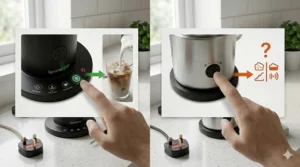 Close-up of the simple one-touch buttons on a Nespresso Aeroccino 4 for different milk textures.