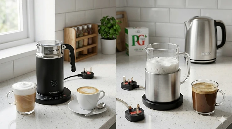 Side-by-side comparison of a Nespresso Aeroccino 4 and a budget-friendly electric milk frother on a modern British kitchen worktop. nespresso aeroccino vs cheaper alternatives