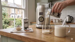 A demonstration of a milk frother successfully aerating barista-edition oat and almond milk for dairy-free coffee.