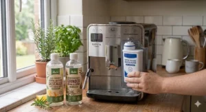 Using a grey microfibre cloth to polish the stainless steel exterior of a clean coffee machine for a smear-free finish.