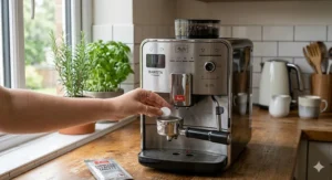 A person pouring liquid descaler into the water reservoir of a silver bean-to-cup coffee machine to remove limescale.