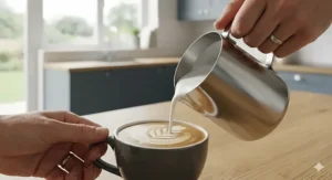 Extreme close-up of glossy, dense microfoam being poured from a stainless steel pitcher into a ceramic cup to create leaf-pattern latte art.