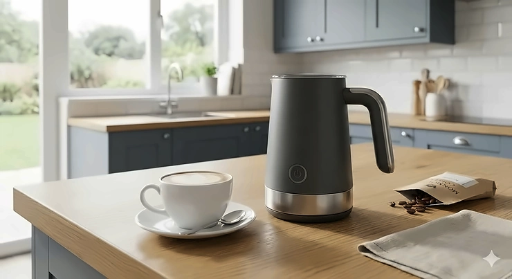 A stylish charcoal grey electric milk frother sitting on an oak kitchen worktop next to a finished flat white, set in a bright, modern British kitchen with subway tile accents. best milk frother