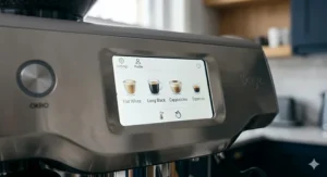 A digital touchscreen interface on a luxury coffee machine displaying British cafe favourites like Flat White and Long Black.