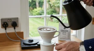 Close-up of the Fellow Stagg gooseneck kettle spout pouring water precisely into a Hario V60 dripper.