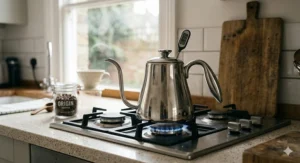 A stainless steel stovetop gooseneck kettle heating on a gas hob, a great value option under £50.