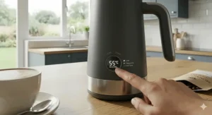 A photorealistic shot on an oak worktop showing the electric frother with an integrated LED display; a finger is selecting custom temperature and foam settings.
