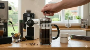 A person pressing down the plunger of a glass cafetière to brew fresh filter coffee at home.