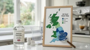 Map of the United Kingdom highlighting regions with hard water that require frequent coffee machine descaling.
