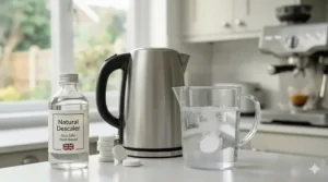 A bottle of universal liquid descaler suitable for all types of domestic coffee makers and kettles.