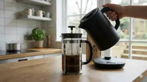 Pouring hot water from a variable temperature kettle into a glass cafetiere with ground coffee on a kitchen breakfast bar.
