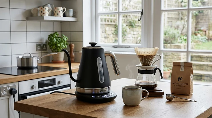 A matte black variable temperature kettle for coffee on a wooden kitchen worktop next to a bag of speciality coffee beans in a bright British kitchen. variable temperature kettle for coffee