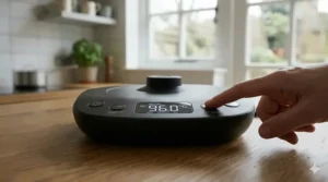 A person pressing the keep warm button on a variable temperature kettle to maintain water heat for a second cup of coffee.