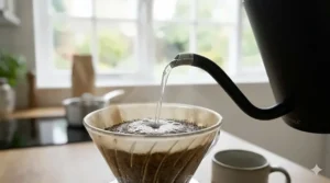 A close-up view of the spout of a variable temperature kettle showing the removable limescale filter designed for UK hard water areas.