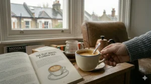 Alt text for image 9: A hand holding a cup of artisan coffee next to an open book titled 'The Flat White: A London Tale', celebrating the UK's vibrant espresso bean and cafe culture.