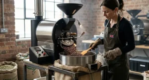 An artisan roaster in a UK-based roastery carefully monitoring a batch of organic coffee beans for maximum flavour.