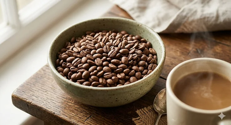 A white ceramic bowl filled with glossy medium roast coffee beans on a rustic wooden kitchen table. medium roast coffee beans