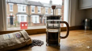 Coarsely ground Colombian coffee beans being prepared in a glass French press cafetière.