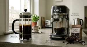 A photorealistic guide showing a traditional British cafetiere and an espresso machine actively brewing dark roast coffee, with clear labels for each method.