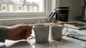 Two steaming mugs of fresh filter coffee served in patterned ceramic mugs on a kitchen worktop, accompanied by a copy of a British newspaper.