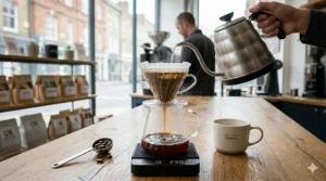 Pour-over coffee being brewed using ground Kenyan coffee beans, highlighting the bright and fruity characteristics popular with UK drinkers.