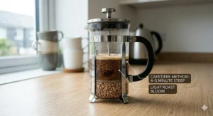 A glass cafetière showing the four-minute steeping process and the aromatic bloom of ground light roast coffee in a domestic UK kitchen setting.