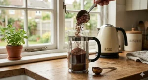 A line drawing of a glass French press or cafetière being filled with coarsely ground medium roast coffee.