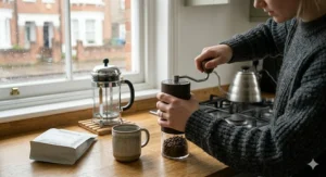 Using a manual hand grinder to prep single origin coffee beans for a morning cafetiere in a cozy British home setting.