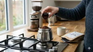 A modern UK kitchen setting with a person pouring freshly ground whole bean coffee into a silver stovetop espresso maker.