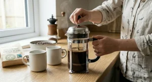 A classic cafetière being pressed, using ground organic coffee beans to create a rich, aromatic beverage.