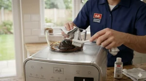A photorealistic close-up view looking into an empty bean to cup machine hopper, showing a person carefully using a small brush to remove coffee oil residue from the conical burr grinder mechanism.