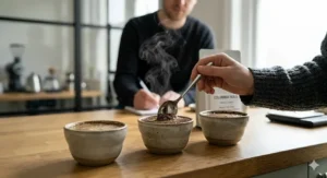 A speciality coffee professional performing a cupping session to evaluate the unique flavour profiles of various single origin coffee samples.