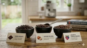 A photorealistic close-up of different roasted coffee beans in bowls on a wooden worktop, with illustrative cards detailing dark roast chocolate notes, house blend nuttiness, and Arabica fruity notes.