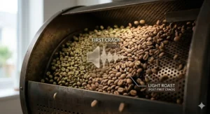 A detailed view inside a commercial coffee roaster drum showing beans transitioning to a light brown colour immediately after the first crack stage.