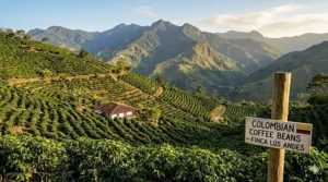 A high-altitude coffee plantation nestled in the Colombian Andes mountains.