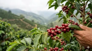Ripe red coffee cherries growing on a Coffea arabica plant in the Colombian highlands.