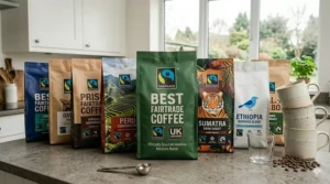 A comparison of various Fairtrade coffee bags from different global regions, displayed on a kitchen worktop in the UK.