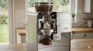 A detailed photorealistic cutaway illustration of a conical burr grinder mechanism inside a bean to cup coffee machine, showing whole beans being ground into fine espresso powder.
