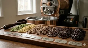 A detailed photorealistic close-up of coffee beans transitioning from green to deep mahogany across seven stages, with engraved silver labels such as Second Crack and Full Dark Roast.