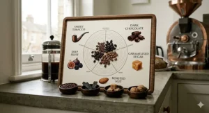 A sensory radar chart for dark roast coffee showing profiles like smoky tobacco, dark chocolate, and caramelised sugar, supported by detailed icons and raw ingredients.