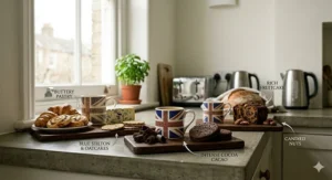 A food pairing guide featuring dark roast coffee alongside British treats such as dark chocolate digestives, blue Stilton with oatcakes, and buttery pastries.