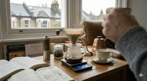 Alt text for image 5: An overhead perspective of a coffee enthusiast preparing a brew, highlighting the texture of dark-roasted espresso beans and professional-grade weighing equipment.