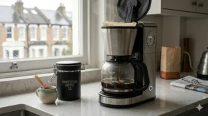 A modern electric filter coffee machine brewing a fresh carafe of coffee, positioned on a clean kitchen counter next to a morning newspaper.