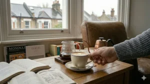 Alt text for image 7: A hand reaching for a steaming cup of coffee, showcasing the rich, nutty flavour profile of high-quality espresso beans brewed at home.